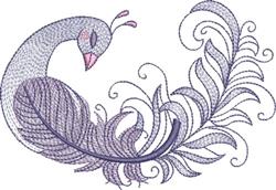 Elegant peacock with flowing feathers in soft purples and pinks, adorned with delicate swirls.
