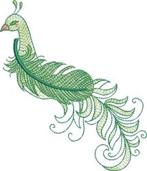 Elegant peacock with flowing green feathers, intricate curves, and swirling details, perfect for embroidery.