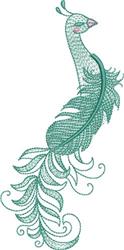Stylized peacock with flowing feathers and intricate lines in an elegant design, perfect for nature-inspired decor.