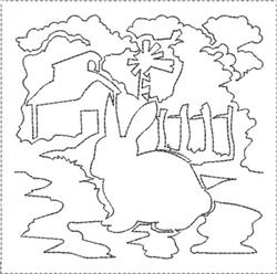 Rabbit in line art with a rustic barn and windmill, spring scene with stylized trees.