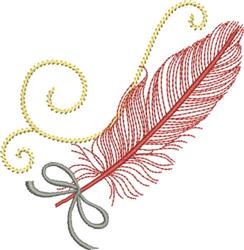 Whimsical red feather accented by elegant gold swirls, complemented with a decorative gray bow in a charming quilting design.