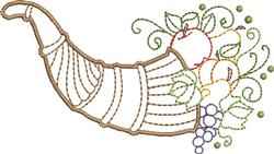 Redwork cornucopia overflowing with vibrant apples, grapes, and leaves, celebrating Thanksgiving in a whimsical style.