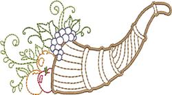 Redwork cornucopia filled with apples and grapes, swirls, and leaves. Whimsical line art for Thanksgiving decor.