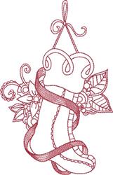 Redwork decorative stocking adorned with floral accents and a flowing ribbon, creating a festive holiday theme.