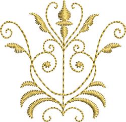 Redwork floral design with intricate golden curves and leaf patterns, featuring ornate elegance.