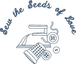 Redwork sewing machine design featuring bold outlines, buttons, and a thimble, with 'Sew the Seeds of Love' text.