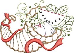 Redwork watermelon slice spills from a whimsical cornucopia, adorned with green leaves and a flowing red ribbon.
