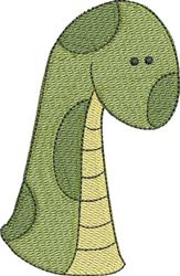 Cartoon snake with a friendly face, green body, yellow stripes, and small black eyes, perfect for playful embroidery.