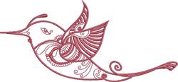 Stylized bird with intricate feathers and swirls in rich reds, showcasing elegant curves in quilting design.