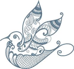 Stylized bird with intricate wing patterns, swirling lines, and blue tones, perfect for quilting projects.