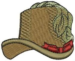 Playful hat in brown fabric with green leaves and a red ribbon, perfect for whimsical designs.