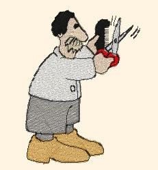 Cartoon barber with a mustache, scissors, and a comb, in vibrant colors with a playful expression.