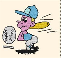 Cartoonish child baseball player with long yellow hair, wearing a blue cap and shirt, in a batting stance.