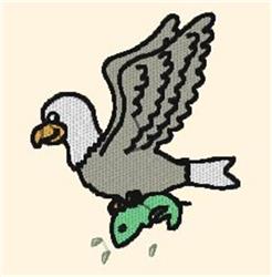 Cartoonish eagle soaring with wings outstretched, clutching a vibrant green fish in its talons.