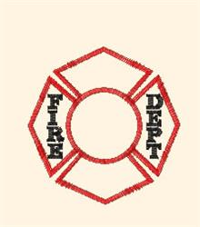 Bold firefighter emblem featuring a red outline and black text, displayed in a hexagonal shape.