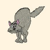 Playful gray cat with large eyes crouching low, ready to pounce in cartoonish style on a soft beige background.
