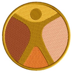 Modern geometric applique design featuring an abstract human figure within a circular patch in earth tones.