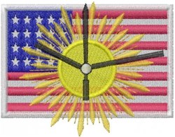 Vibrant American flag clock design with black clock hands and yellow clock face, embellished with sunburst.