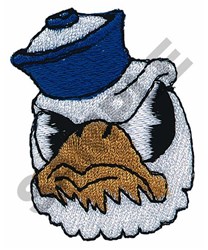 Angry cartoon eagle wearing a blue sailor hat with bold white and brown feathers, showcasing a fierce expression.