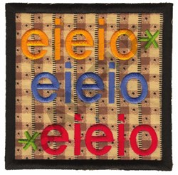 Applique text design 'eieio' in vibrant yellow, blue, red, and green, on a brown plaid background with a black border.