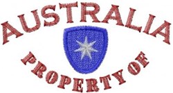 Bold text reading 'AUSTRALIA' over 'PROPERTY OF' with a blue shield and white star, showcasing a patriotic design.