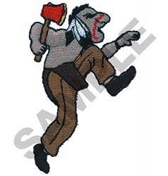Cartoonish man jumping with an axe, dressed in brown trousers and a grey shirt, showcasing vibrant colors.