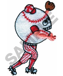 Cartoonish baseball character on a playful pose, wearing red-striped pants and holding a glove.