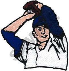 Cartoonish baseball player in a pitching pose, wearing a blue cap and white jersey, gripping a baseball glove.