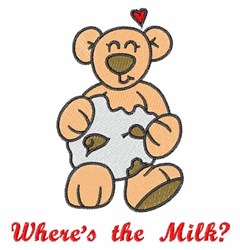 Cartoon bear with a cookie and playful expression, light brown fur, red heart, bold 'Where's the Milk?' text.