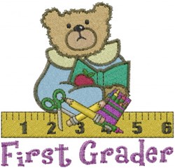 Playful bear in a blue outfit holds a book among school supplies like pencils and scissors, perfect for back to school.