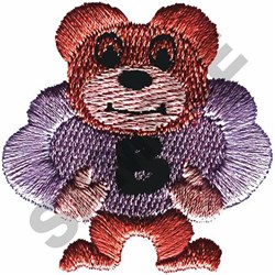 Colorful bear character with playful expression, featuring a letter 'B' on its chest, set against a whimsical purple flower.