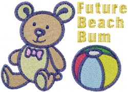 Playful bear in a bow tie with a colorful beach ball, featuring 'Future Beach Bum' text, perfect for summer themes.