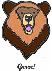Cartoon bear head with happy expression, rich brown fur, and playful 'Grrrr!' text, perfect for kids.