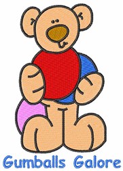 Cartoon bear holding colorful gumballs in red, blue, and pink, featuring a playful expression, perfect for kids.