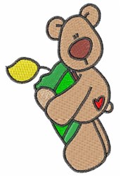 Playful bear holding a green object with a yellow leaf, designed in light brown tones, perfect for cheerful decor.