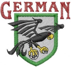 Bold black eagle grasping a soccer ball in a shield shape, with 'GERMAN' stitched in red, perfect for sports events.