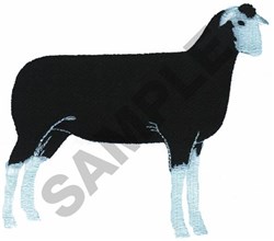 Applique black sheep with light blue legs and head, featuring a simple and stylized design.