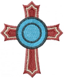 Vibrant cross with a blue circle at the center, accented by red and beige, featuring bold black outlines.