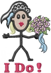 Playful stick-figure bride with blonde hair, tiara, and pink bouquet tied with blue ribbon, celebrating wedding.