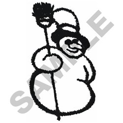 Cheerful cartoon character holding a broom with a round body and bold black outline, playful style.