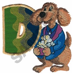 Playful cartoon brown dog in colorful shirt, holding a bowl of bones next to vibrant letter 'D' on a green-blue background.
