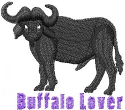 Playful black buffalo with exaggerated curves and 'Buffalo Lover' text in bold purple, vibrant cartoon style.
