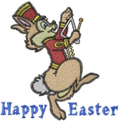 Playful bunny in a colorful uniform plays a drum, accompanied by musical notes, perfect for Easter.