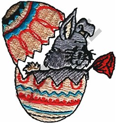 Colorful bunny with gray fur and a red flower, emerging from a vibrant Easter egg, perfect for festive embroidery.