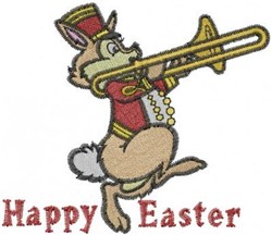Playful bunny in red uniform joyfully playing a trombone for Easter, with 'Happy Easter' text below.