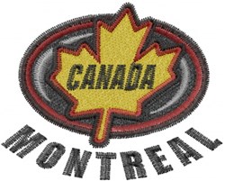 Bold Canadian maple leaf design featuring a yellow leaf outlined in red with 'CANADA' and 'MONTREAL' text.