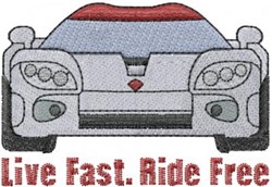 Bold design featuring a car front view with a red roof, gray body, and text 'Live Fast. Ride Free' below.