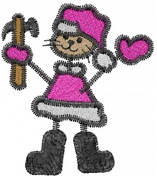 Cartoon cat dressed as a construction worker in a pink outfit and black boots, holding a hammer and heart. Playful design.