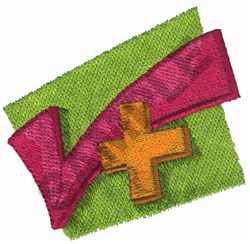 Colorful check mark with pink ribbon and orange plus symbol on a vibrant green background, cheerful design.