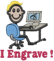 Cheerful cartoon character with blonde hair sitting in a blue office chair, focused on a computer monitor.